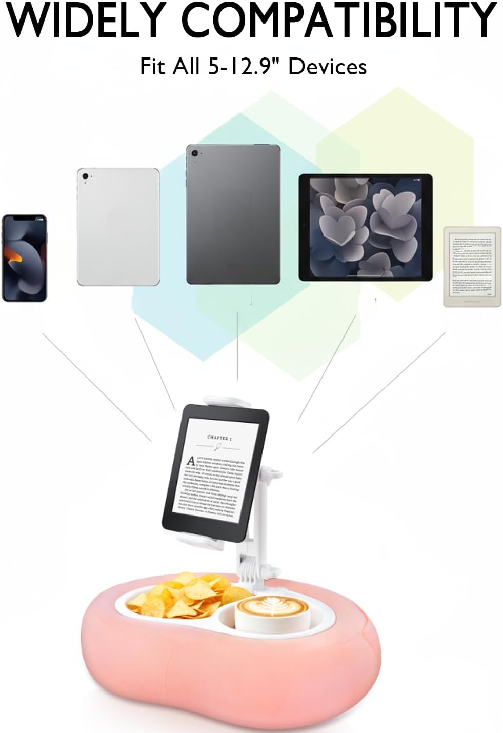 Cozy Pink Tablet Pillow Stand - Perfect for 5"-12.9" Devices with 360° Rotation and Snack Bowl for Ultimate Comfort and Relaxation