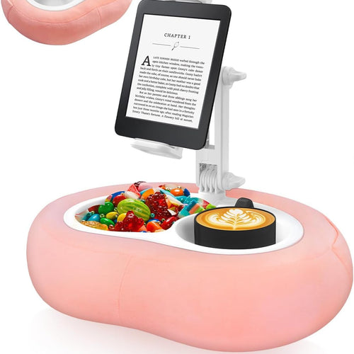 Cozy Pink Tablet Pillow Stand - Perfect for 5"-12.9" Devices with 360° Rotation and Snack Bowl for Ultimate Comfort and Relaxation
