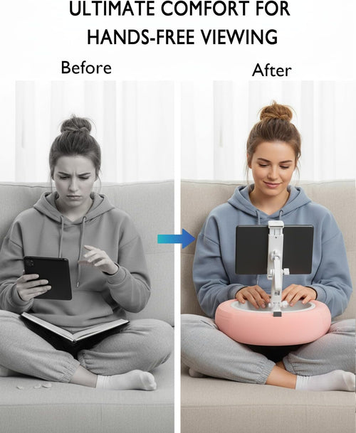 Cozy Pink Tablet Pillow Stand - Perfect for 5"-12.9" Devices with 360° Rotation and Snack Bowl for Ultimate Comfort and Relaxation