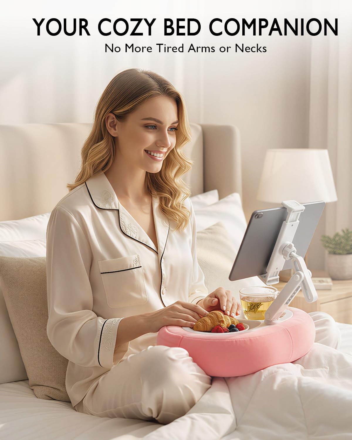 Cozy Pink Tablet Pillow Stand - Perfect for 5"-12.9" Devices with 360° Rotation and Snack Bowl for Ultimate Comfort and Relaxation
