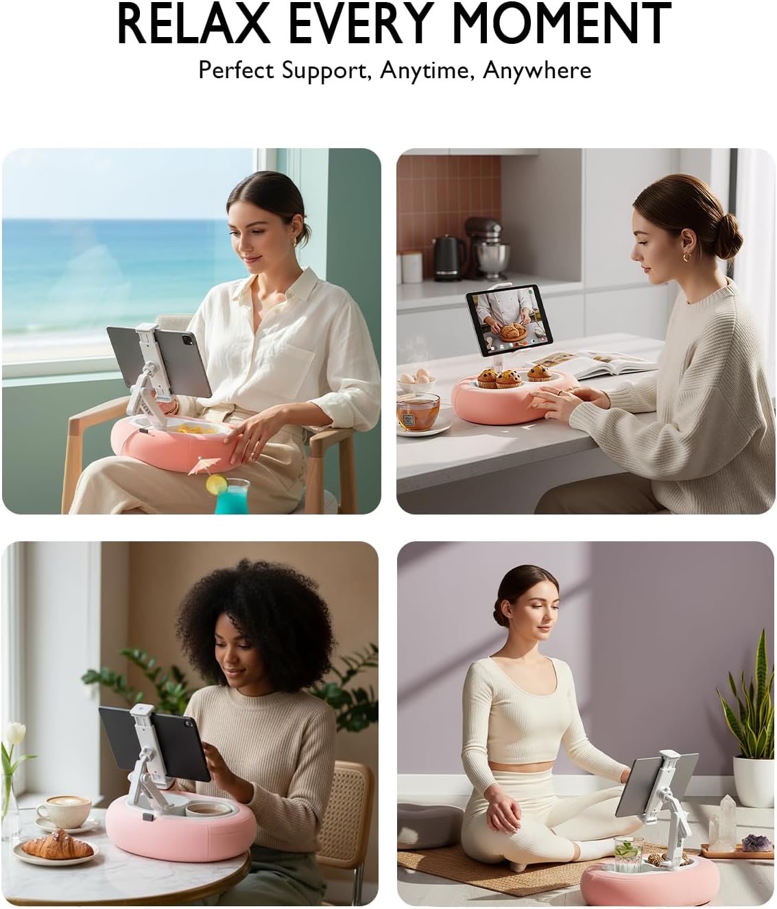 Cozy Pink Tablet Pillow Stand - Perfect for 5"-12.9" Devices with 360° Rotation and Snack Bowl for Ultimate Comfort and Relaxation